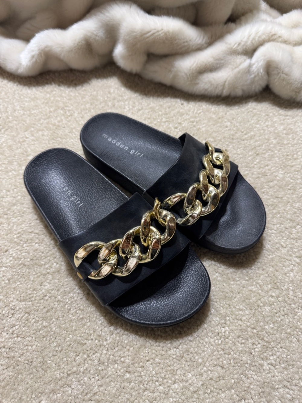 Madden Girl Black Slides with Chunky Gold Chain
